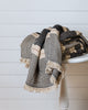 Black and sand Turkish cotton throw with terracotta accent folded on wooden stool