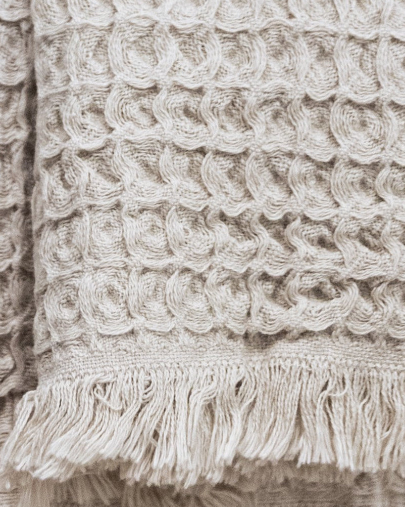 Close-up of beige waffle-knit cotton hand towel showing textured weave