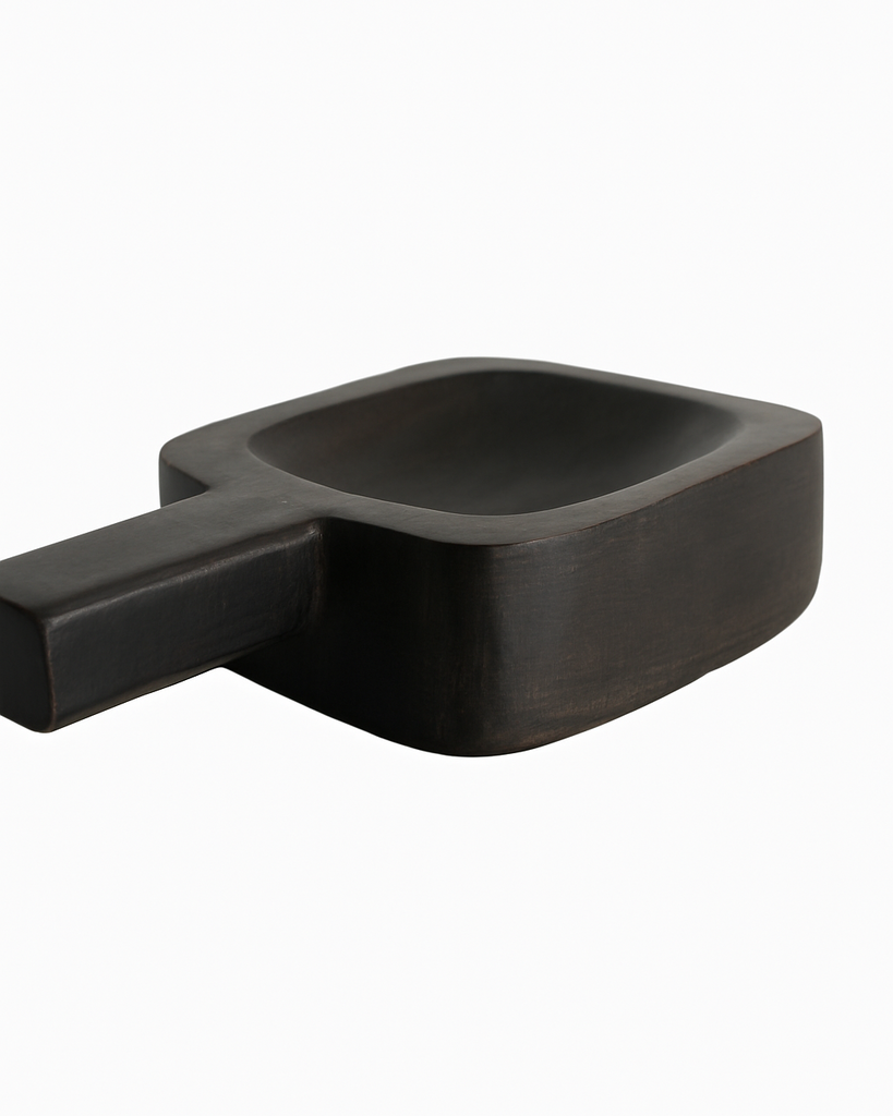 Hand-carved dark wooden square bowl, artisanal home décor and kitchen styling accessory