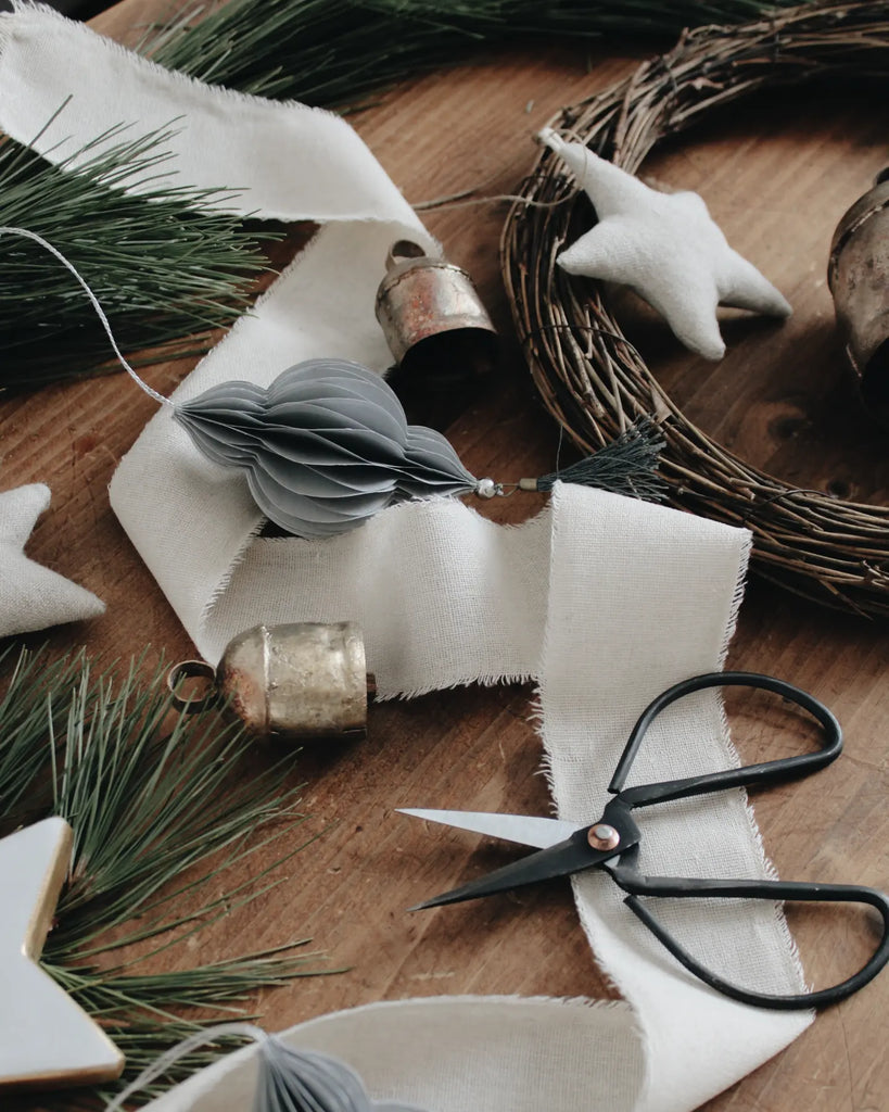 Vintage bonsai scissors styled on crafting table with fabric, carbon steel handmade tool